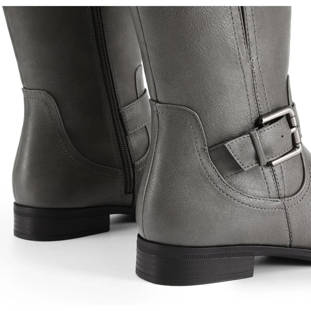 Women's Faux Leather Grey Knee High Buckle Chunky Heel Flat Riding Pirate Boots